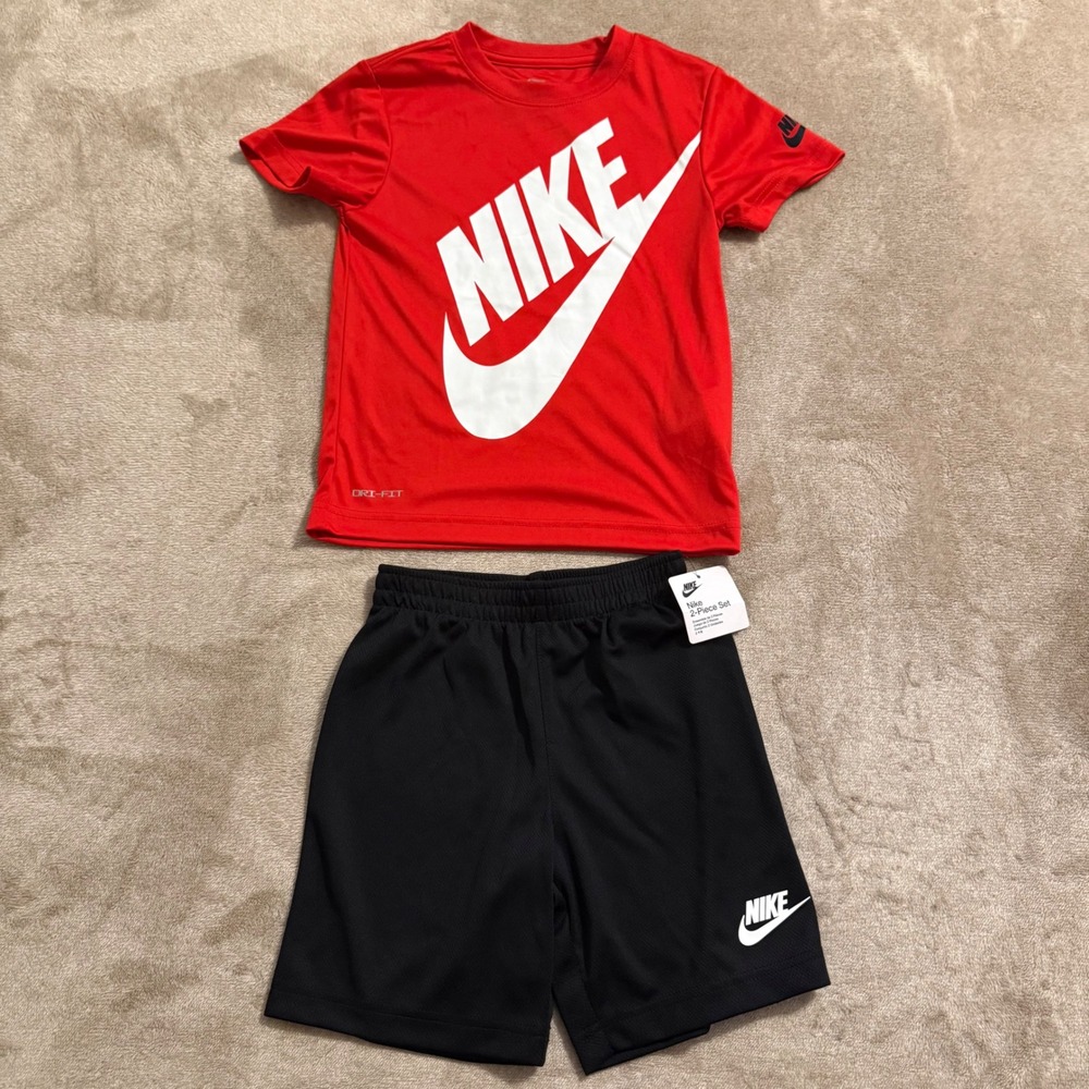 Nike Boys Red Dri-FIT T-Shirt and Black Mesh Shorts 2-Piece Set Size 6 M 5-6 Yrs